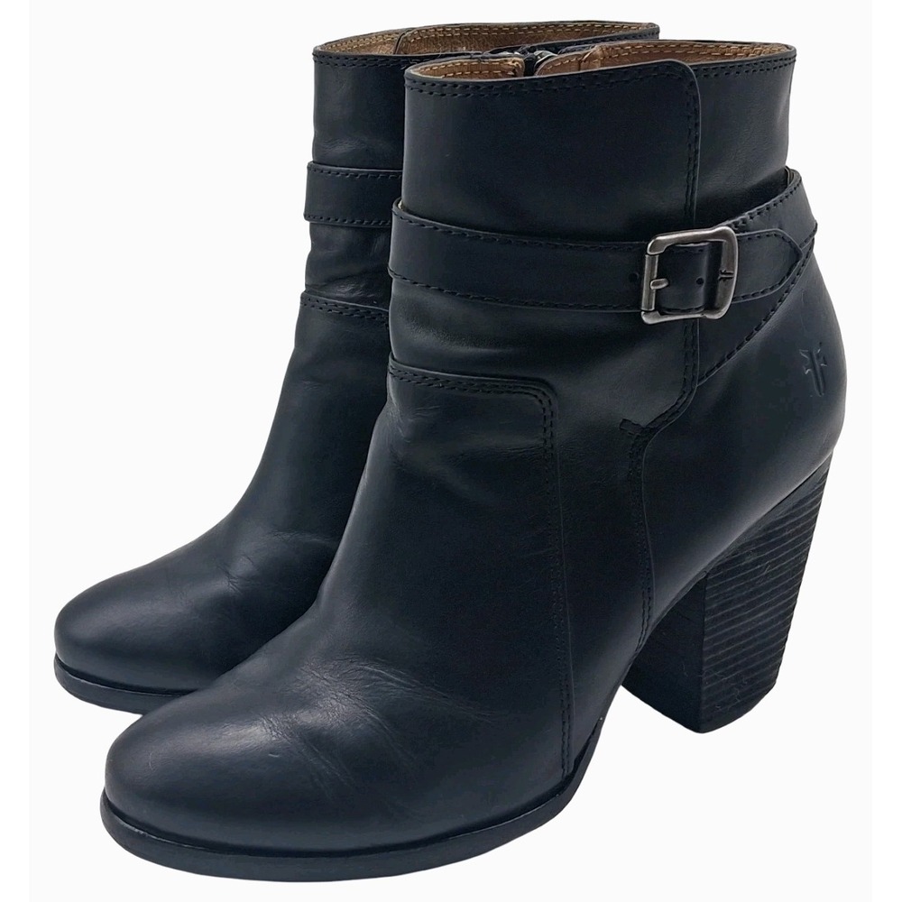 Frye Patty Riding Bootie Boots Womens Size 9 Black Leather Ankle Zip Buckle Heel